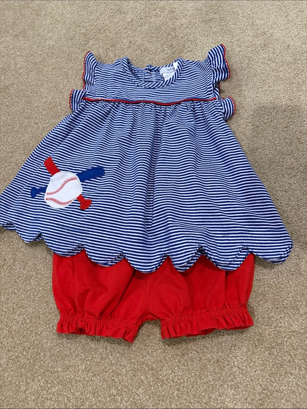 Navy and Red Striped Baseball Theme Girl's Dress & Bloomers Set
